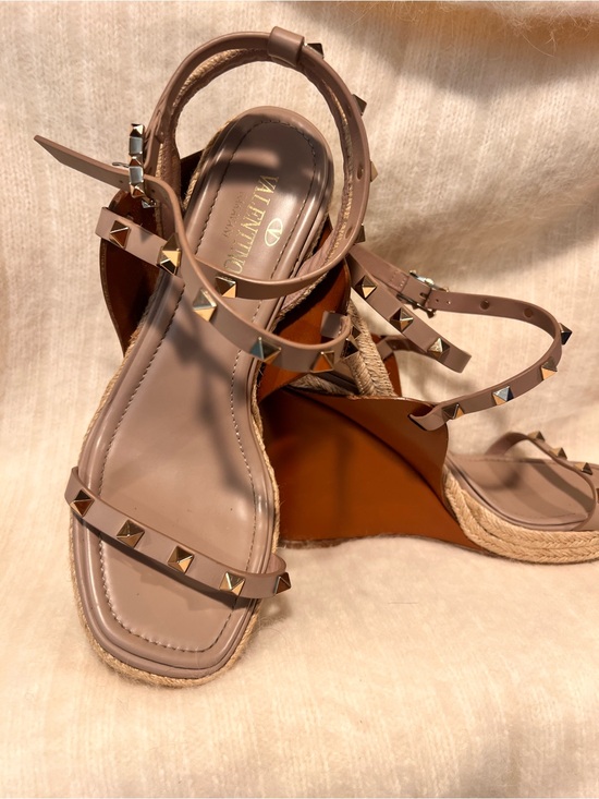 Valentino Shoes - Valentino Brown Leather and Taupe Studded Espadrille Wedges